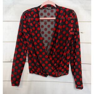 ZARA Black with Red Velvet Polka Dots Sz SM Blouse Sheer